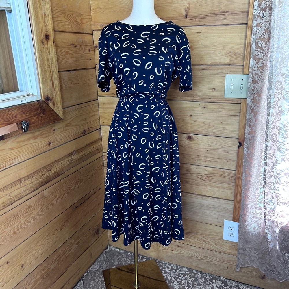 Midi Dress Womens Large Navy Blue Abstract Geometric Cotton Retro Lands End